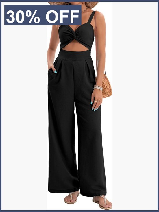 Pants - Dressy Sleeveless V Neck Wide Leg Jumpsuit with Pockets